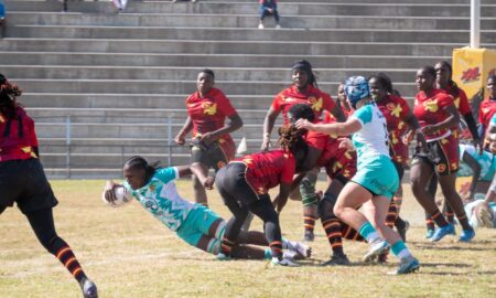 South Africa's Faith Tshauke goes over for her first Test try against Uganda. PHOTO/COURTESY