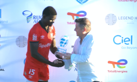 Kenya Morans' Jackson Siketi receiving a rugby Africa Men's 7s award. PHOTO/Screengrab