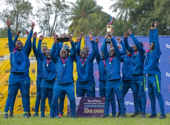KCB players celebrate with the Driftwood 7s trophy. PHOTO/KCB RUGBY FB
