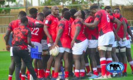 Kenya Simbas huddle in a captains run session ahead of Rugby Africa Cup. PHOTO/Scrummage Africa
