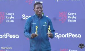 Floyd Wabwire Pose for for a photo after being awarded at the 2025 Driftwood 7s.Photo/Screengrab