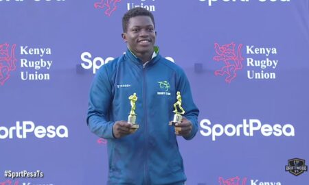 Floyd Wabwire Pose for for a photo after being awarded at the 2025 Driftwood 7s.Photo/Screengrab