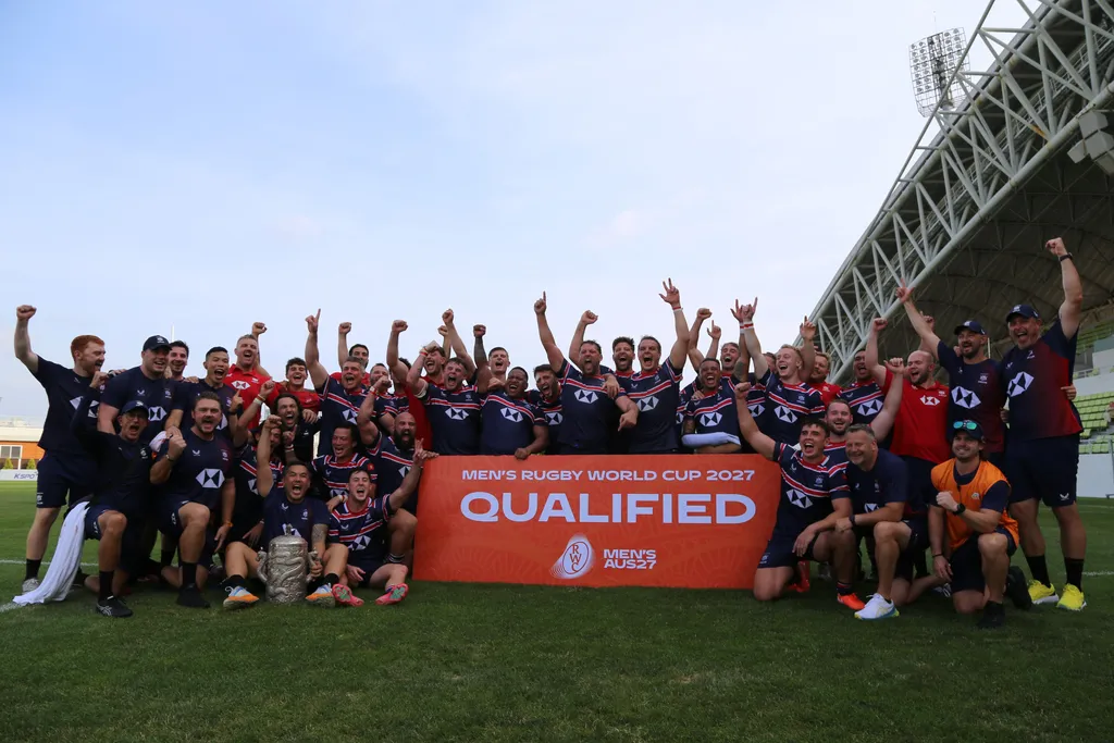 Hong Kong players celebrate defeating Korea 70-22 in the final round of the Asia Rugby Championship 2025. PHOTO/world rugby