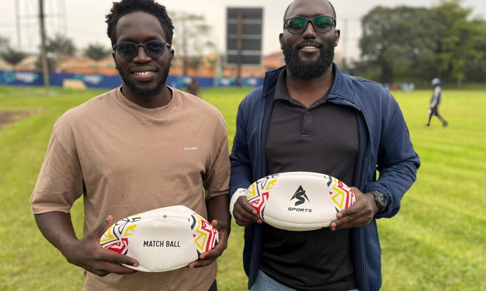 AS Sports Uganda CEO Leo Lubambula posses with AS Sports Rugby balls set for Entebbe 7s. PHOTO/AS Sports