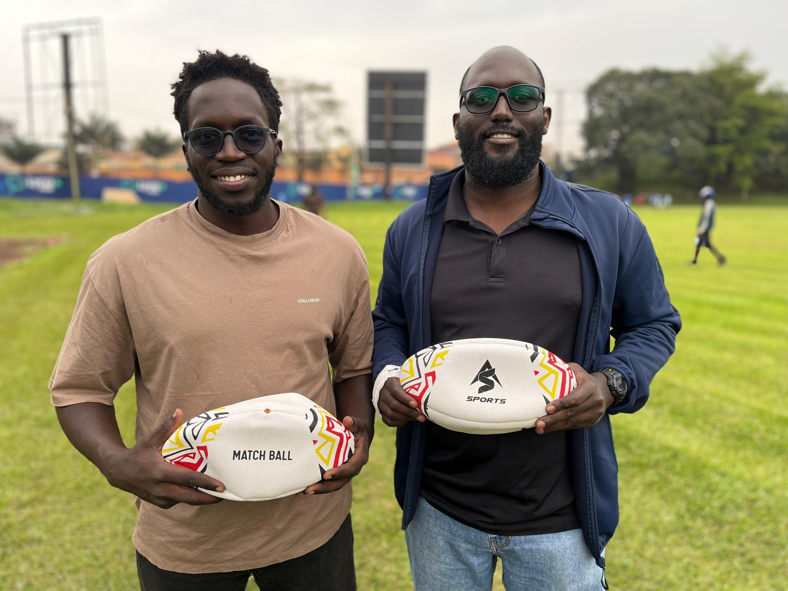 AS Sports Uganda CEO Leo Lubambula posses with AS Sports Rugby balls set for Entebbe 7s. PHOTO/AS Sports