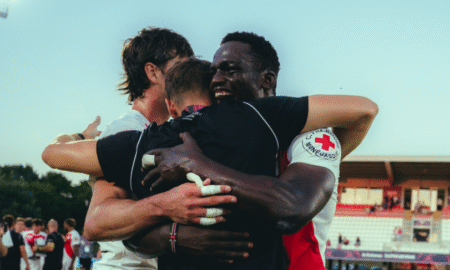 Kevin Wekesa celebrates with Monaco 7s after Dax 7s victory. PHOTO/supersevens