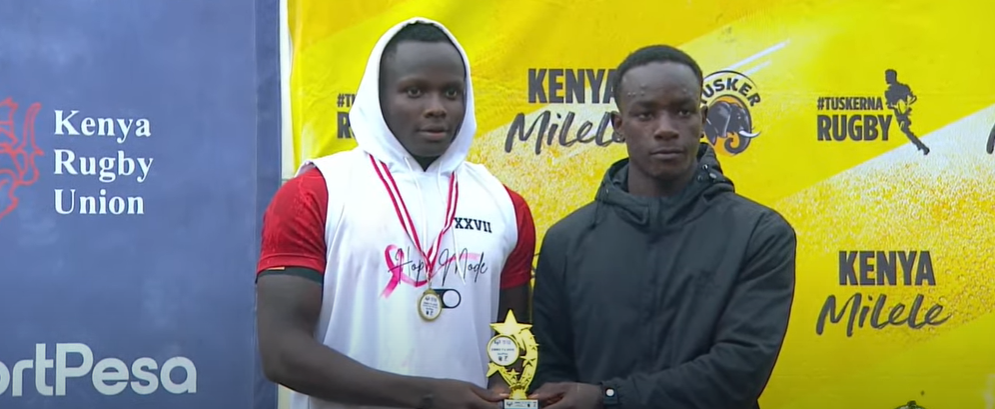 Victor Mola of Strathmore Leos and David Nyangige of Impala RFC at Embu 7s. PHOTO/ Screengrab
