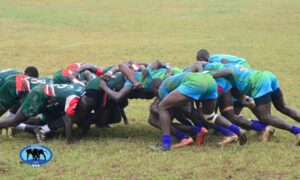 Vihiga High School in a scrum contest at the FEASSSA Rugby 15s. PHOTO/Michael Magona