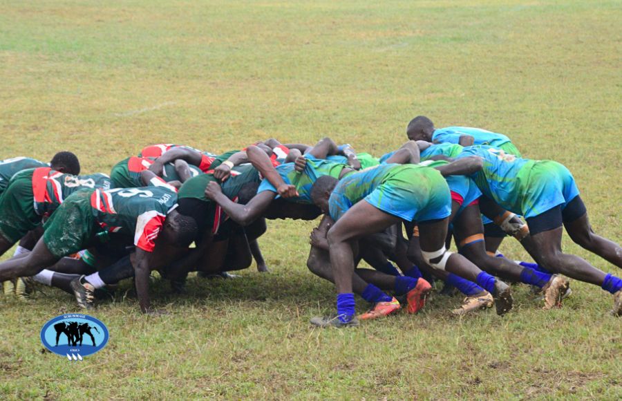 Vihiga High School in a scrum contest at the FEASSSA Rugby 15s. PHOTO/Michael Magona