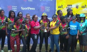Mwamba RFC ladies celebarte winning Kabeberi 7s. PHOTO/ Screengrab