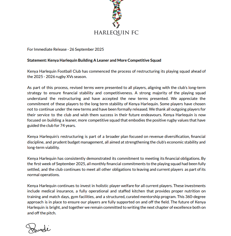 Kenya Harlequin Statement. PHOTO/Kenya Harlequin