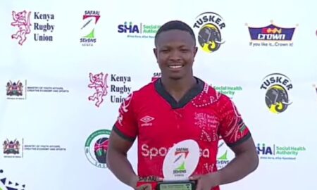 Kenya 7s (Shujaa) scrum-half Samuel Asati receiving Safari 7s award. PHOTO/Screengrab