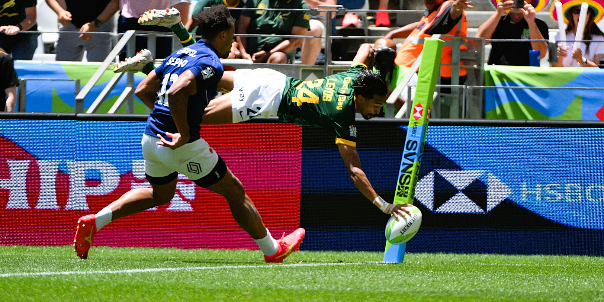 Tristan Leyds goes over in the corner for South Africa 7s. PHOTO/SA Rugby
