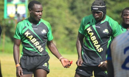 Kabras RFC duo Clinton Litali and Andrew Wangila in an Eric Shirley Shield match. PHOTO/Scrummage Africa