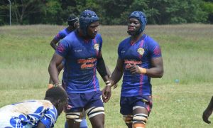 Menengai Oilers locks Argwings Owino and Collins Kabayo. PHOTO/Scrummage Africa