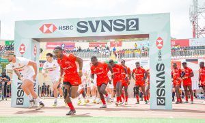 Kenya 7s run on the pitch at the SVNS 2 tournament. PHOTO/World Rugby