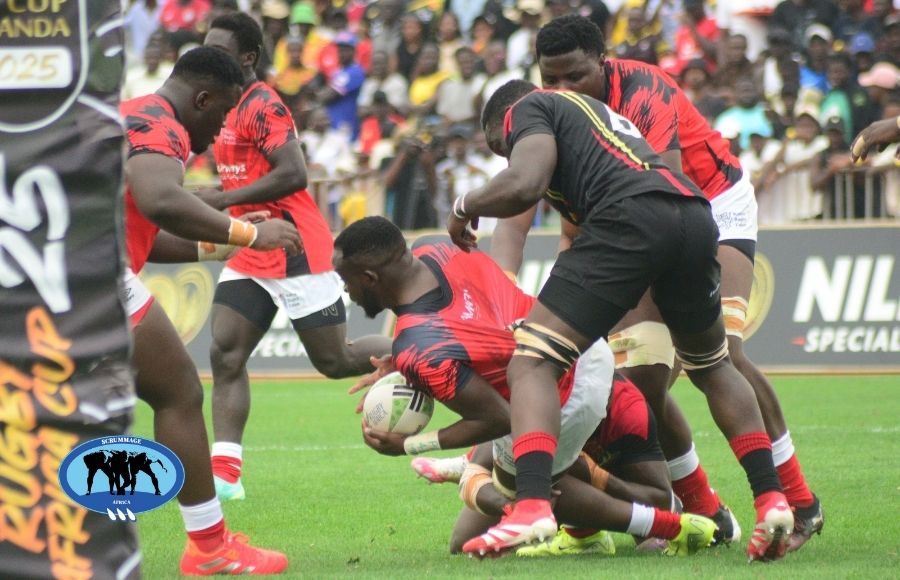 Kenya Simbas Bethuel Anami tackled by Uganda in Rugby Africa Cup.PHOTO/Scrummage Africa