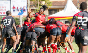 Kenya Lionesses in a maul contest against Uganda Lady Cranes. PHOTO/Kenya Rugby Union