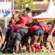 Kenya Lionesses in a maul contest against Uganda Lady Cranes. PHOTO/Kenya Rugby Union