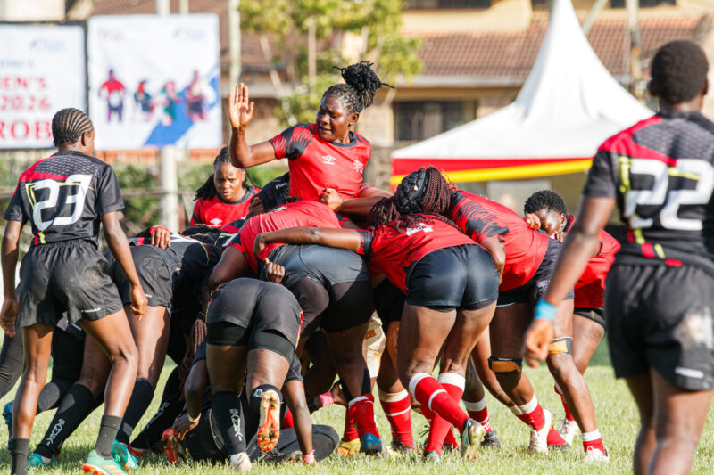 Kenya Lionesses in a maul contest against Uganda Lady Cranes. PHOTO/Kenya Rugby Union