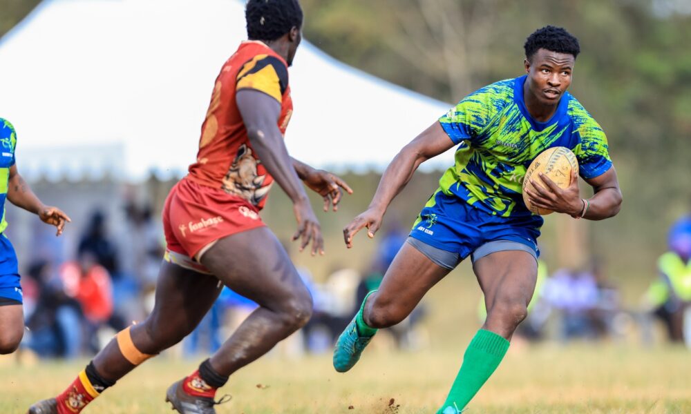 KCB Rugby's Elvis Olukusi charges forward during the Cup final against KU Blak Blad at the Juja 7s tournament held at Jomo Kenyatta University of Agriculture and Technology (JKUAT) on July 12, 2026. PHOTO/KCB Rugby